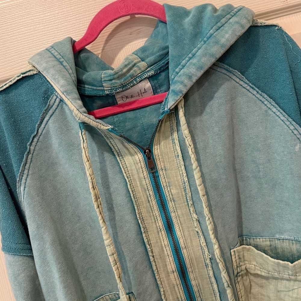 Oli & Hali teal distressed zip up hoodie, medium - Picture 2 of 7